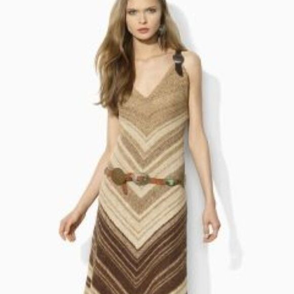 Ralph Lauren Handknit Tan Multi Silk Southwestern-Inspired Chevron Maxi Dress - Picture 5 of 16